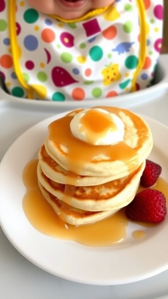 Fluffy Pancakes for 6-Month-Old Babies Fluffy pancakes for babies served on a plate, topped with pureed fruit, in a high chair setting.